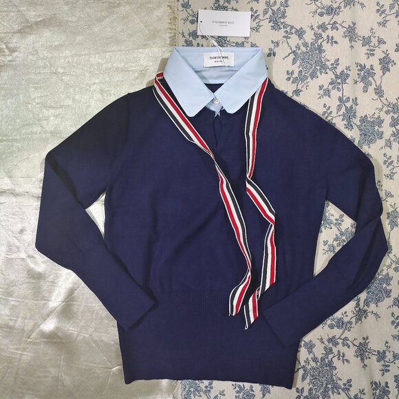 Thom Browne Jersey Satin Tie Sweater - Picture 1 of 10